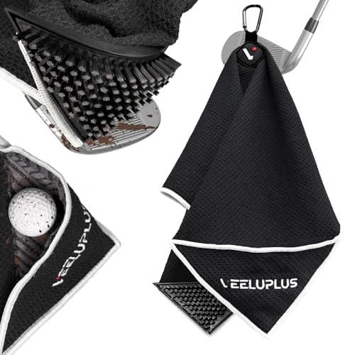 4-in-1 Magnetic Golf Towel with Brush & Cleaning Pocket - Premium Construction Golf Towel- Super Strong Golf Club Cleaner- Microfiber Waffle Design-15.7" X 23.6" Golf Accessories and Gifts for Men - color: Black