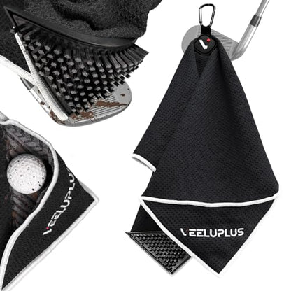 4-in-1 Magnetic Golf Towel with Brush & Cleaning Pocket - Premium Construction Golf Towel- Super Strong Golf Club Cleaner- Microfiber Waffle Design-15.7" X 23.6" Golf Accessories and Gifts for Men - color: Black