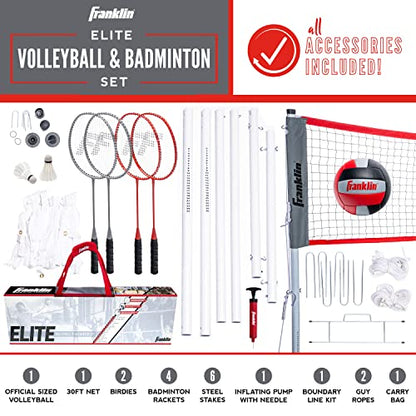 Franklin Sports Volleyball + Badminton Combo Sets - Backyard + Beach Outdoor Volleyball + Badminton Net Set - Portable Badminton + Volleyball Net with Poles - Volleyball, Rackets + Birdies Included - style: Elite