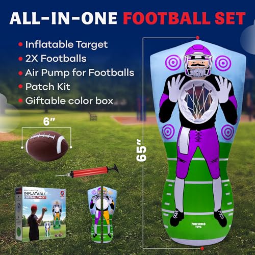 Preferred Toys 65” Inflatable Football Target Net Toss Game - Double-Sided Throwing Practice Football Stuff with Mini Balls - Backyard Tailgate Party Sports Toy for Kids & Adults - color: Yellow/Purple