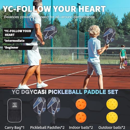 YC DGYCASI Pickleball Paddles Set of 2, USAPA Approved Carbon Fiber Pickleball Set, Lightweight Pickle Ball Rackets 2 Pack, 2 Outdoor Pickleball, 2 Indoor Pickleball, 1 Pickleball Bag - color: Silver