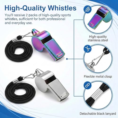 TIESOME 4Pcs Stainless Steel Whistle with Lanyard, Super Loud Sports Whistle for Referees, Coaches, Police, Emergency, and Outdoor Sports