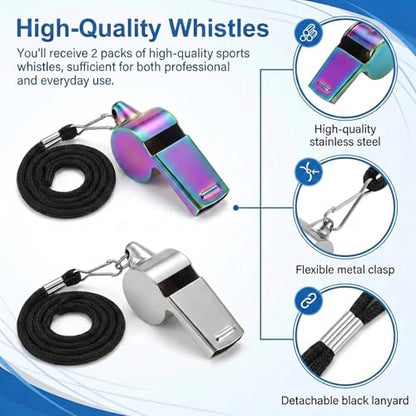 TIESOME 4Pcs Stainless Steel Whistle with Lanyard, Super Loud Sports Whistle for Referees, Coaches, Police, Emergency, and Outdoor Sports