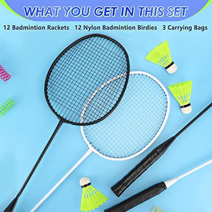 12 Pack Badminton Rackets Set Including Badminton Racquets, Nylon Shuttlecocks and Carry Bag for Outdoor Backyard Games Beginners - color: White, Black