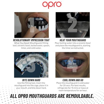 OPRO Instant Custom-Fit Mouthguard – Dentist Level Gum Shield Adult and Kids – OPRO Mouth Guard Boxing and MMA, Self-Fit Gum Shield Rugby – Maximum Protection with Dental Warranty (White/Gold) - color: White/Gold, size: Adult (10+)