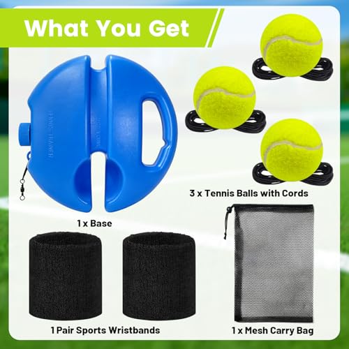 Tennis Trainer Rebound Ball Set, Tennis Practice Rebounder with 3 String Balls, Sports Wristband & Mesh Bag, Portable Solo Tennis Training Equipment for Indoor Outdoor Sport