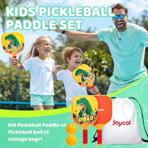 Joycat Kids Pickleball Paddles Set of 2, Lightweight Plastic Cute Pickleball Paddles with Small Grip, 2 Pickleballs, 1 Drawstring Bag,Indoor Outdoor Sport Gift for Kids,Beginner - style: Dinosaur