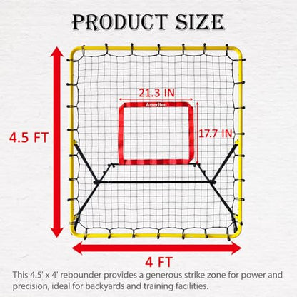 Baseball & Softball Rebounder Net, 4x4.5 Ft Pitching and Fielding Rebounder net, Baseball Bounce Back Trainer Pro with 4 Adjustable Angles and 4 Rubber Feets