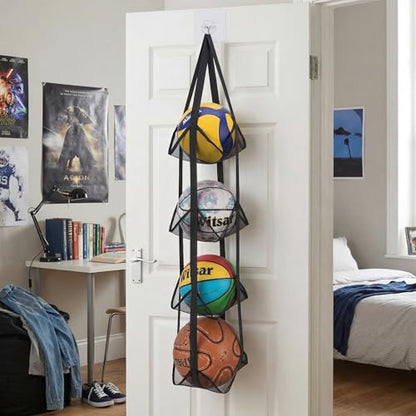 Black Hanging Sports Ball Organizer Bag | Mesh Wall Mount Storage for Basketball, Football, Soccer, Volleyball | Garage & Home Equipment Storage Solution