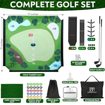 Parkway Play Sticky Golf Chipping Game Set 6x6 ft Metal Frame, Backyard Target Game, 2 Clubs, 25 Sticky Balls, Turf Mat, Indoor Outdoor Yard Sport, Golf Practice Set, Chipping Training Aid - style: METAL FRAME SET