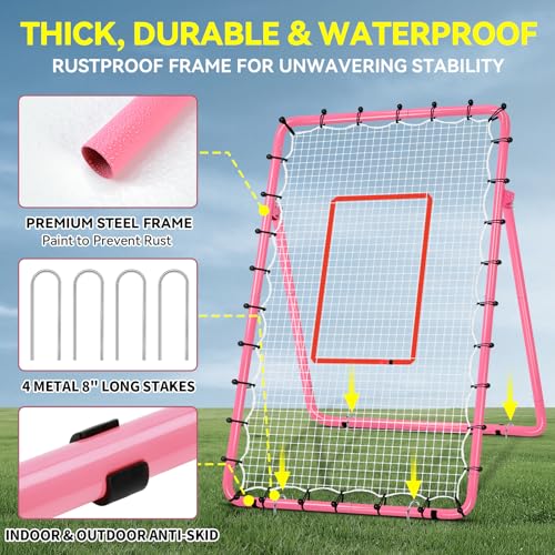 6-Angle Adjustable Volleyball Rebounder Net 7x4ft, High Stable Bounce Back Training Equipment for Practicing Volleying Bumping Spiking with High-Tension Net, PU Volleyball and Pump, Stakes - color: Pink