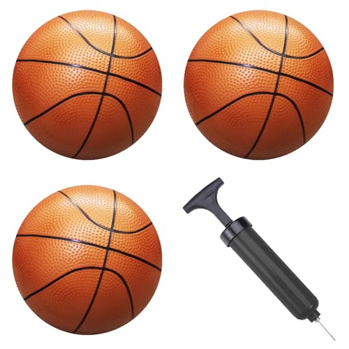 ABAJI Mini 3 Pack 5 inch Toy Basketballs Ball Pump Needle Rubber Material Mini Hoop Toddlers Kids Teenagers Swimming Pool Indoors Outdoors - color: 3 Brown Basketballs