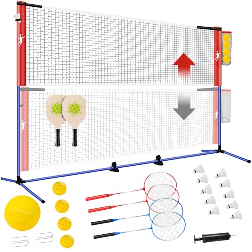 Pickleball Badminton Net Set for Backyards, All-in-One Portable Volleyball Combo Set with Adjustable Net, Volleyball Pickleball Paddles & Badminton Rackets for Indoor Outdoor - color: red blue, size: 9.8FT