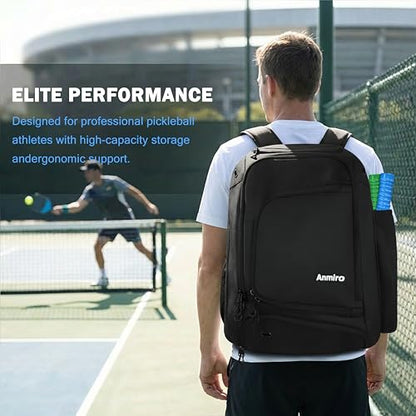 Pickleball Bag-50L Large Capacity, Padel Backpack with Shoe Compartment ＆ Retractable Cup Pockets, Fits 4-10 Paddles, Versatile, Black