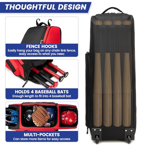 Rolling Baseball Catchers Gear Bag with Wheels, Large Baseball Softball Bag for 4 Bats with Shoe Compartment, Fence-Hooks and Multi-Pockets.