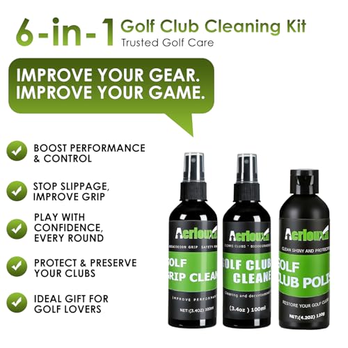 6-in-1 Golf Club Cleaning Kit - Club Cleaner, Grip Cleaner, Polish, Water-Spray Brush,Professional Golf Towel & Portable Bag | Restores Clubs, Removes Rust/Scratches, Renews Tackiness
