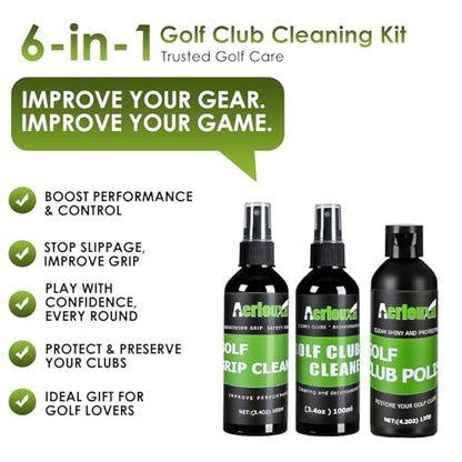 6-in-1 Golf Club Cleaning Kit - Club Cleaner, Grip Cleaner, Polish, Water-Spray Brush,Professional Golf Towel & Portable Bag | Restores Clubs, Removes Rust/Scratches, Renews Tackiness