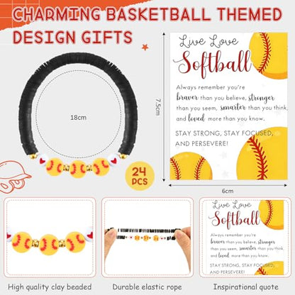 Equsion 24 Packs Softball Gift Bulk Mini Plush Softball Keychain Bead Bracelet with Inspirational Card for Ball Lovers Team Prize Anxiety Relief Sport Party Favors