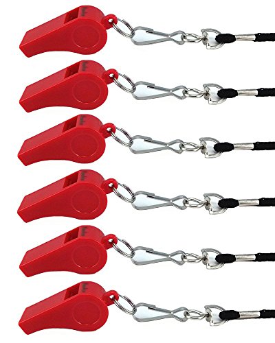 yueton Plastic Coach Whistles with Lanyard, Pack of 6 - color: Red