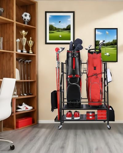 FHXZH Golf Bag Storage Garage Organizer - Golf Bag Stand Fit for 2 Bag, Extra Clubs, Balls, Shoes, and Golf Equipment Accessories, Golf Storage Rack for Garage, Club, Shed