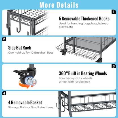 WUC Sports Equipment Garage Organizer - Garage Ball Storage Rack with Basket, Hooks and Rolling Cart for Sports Gear and Toy Storage, Grey