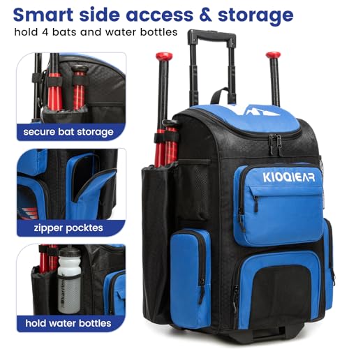 Rolling Baseball Bag with Wheels,Large Softball Bag with Fence Hook for 4 Bats & Equipment,Lightweight Baseball Bat Bag with Shoe Compartment. - color: Blue