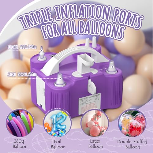 4-in-1 Electric Balloon Pump for All Balloons, Inflatables, and Sports Balls, Triple Inflating Ports for Latex Foil 260q Mylar Balloon, Inflator Deflator for Air Beds Pool Floats Yoga Balls