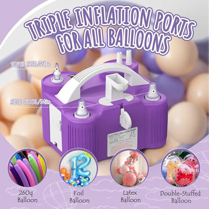4-in-1 Electric Balloon Pump for All Balloons, Inflatables, and Sports Balls, Triple Inflating Ports for Latex Foil 260q Mylar Balloon, Inflator Deflator for Air Beds Pool Floats Yoga Balls