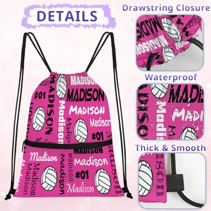 Custom Volleyball Style Drawstring Bag, Personalized Sports Ball Backpack Drawstring Sack Cinch Bags for Team Gift Party Favors, Dark Pink - color: Light Purple