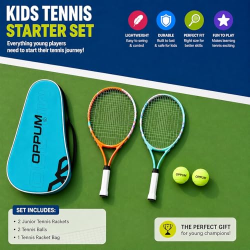 2-Pack Kids Tennis Racket Set, 16 21 23 25 Inch Junior Racquets for Boys Girls, Lightweight Aluminum Starter Kit with Shoulder Bag and 2 Balls - color: Orange & Green
