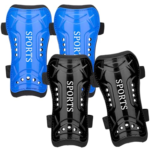 2 Pairs Soccer Shin Guards for Toddler Kids Youth, Soccer Shin Pads with Adjustable Double Strap for 3-14 Years Old Boys Girls Child Teens - color: Black & Blue, size: Medium ( 3'9"-4'5" Tall )