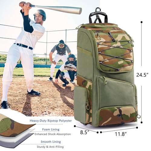 Large Rolling Baseball Catchers Gear Bag with Wheels, Softball Bag with Hard Backing for 4 Bats,Equipment Bag with Separate Shoe & Helmet Compartments, Youth Baseball Bag with 360° Spinner Wheels - color: Green Camo, size: Style A - Integrated Rolling Sys