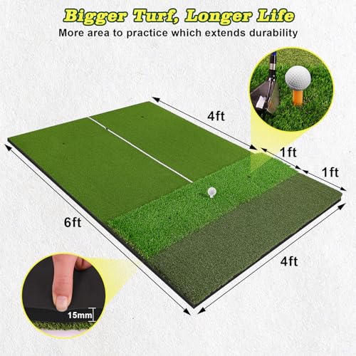 Tri-Turf Premium Golf Hitting Mat, 6x4ft Extra Large, 50mm/55mm/31mm Extra Thick, Non-Slip Foam Base, Dense Artificial Grass, Accept Real Tees, Indoor & Outdoor Practice, Drive/Chip/Pitch, with Tees