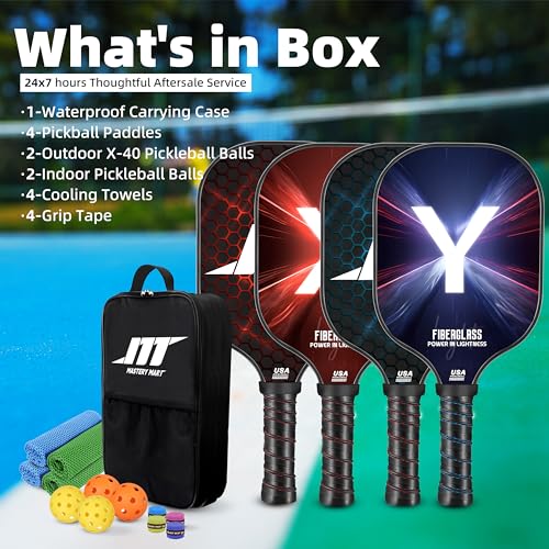 Elongated Pickleball Paddle, Lightweight Pickleball Paddle Set of 4, 4 Fiberglass Paddles & 4 Pickleball Balls & 4 Towel & 4 Grip Tape & Portable Bag, Family & Friends