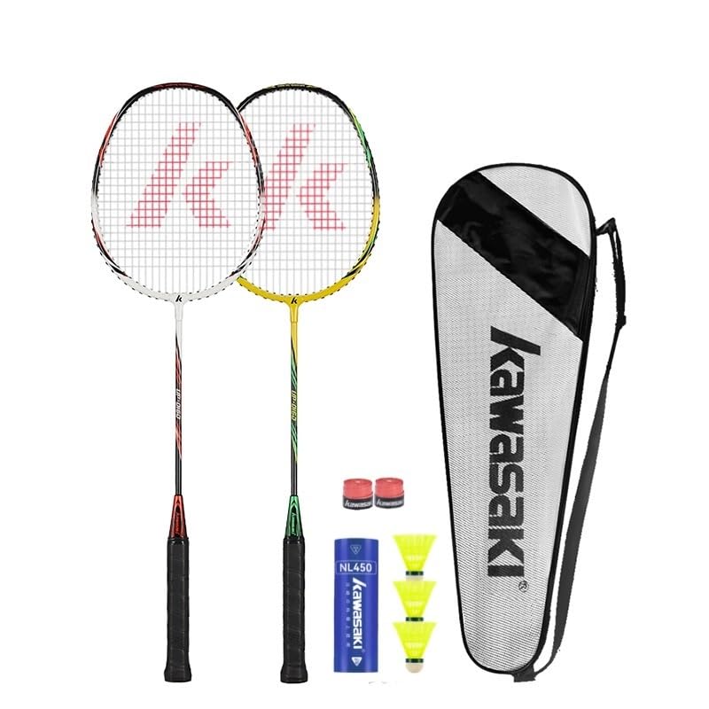 Kawasaki Badminton Set Professional Graphite Badminton Racket Lightweight & high Performance for Sports, Training and Entertainment Including 3 Badminton shuttlecocks & 2 overgrips & Carrying Bag