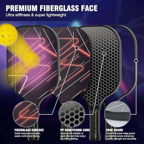 Pickleball Paddles Set of 2 with 4 Indoor/Outdoor Balls & Backpack - Lightweight Fiberglass Surface, Polypropylene Honeycomb Core for Enhanced Control and Power
