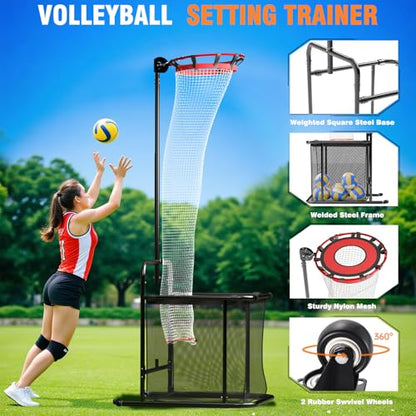 Volleyball Setter Training Equipment, Volleyball Setter Trainer Net with 2 Target Hoop Size,13 Heights & 6 Angles Adjustable, Serving Spiking Drills System with Ball Collection Bag