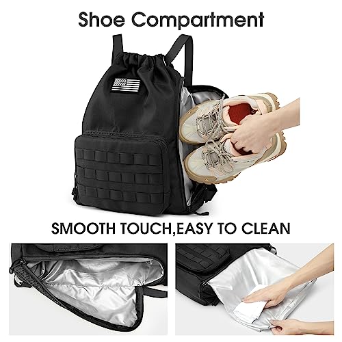 G4Free Drawstring Backpack Gym Backpack Soccer Basketball Bag with Shoes Compartment Tactical Water-Resistant String Sports Bag for Men Women(Black) - color: Black