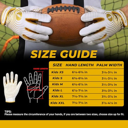 HANDLANDY Youth Football Gloves, Kids Sticky Receiver Gloves,Super Grip Football Glove Best Gift for Boys,Girls - color: White and Gold, size: X-Small-Youth