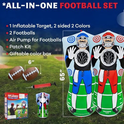 Preferred Toys 65” Inflatable Football Target Net Toss Game - Double-Sided Throwing Practice Football Stuff with Mini Balls - Backyard Tailgate Party Sports Toy for Kids & Adults - color: Red/Blue