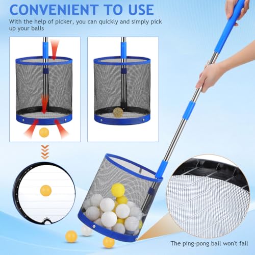 POPETPOP Ping Pong Ball Retriever: Adjustable Table Tennis Picker with Telescopic Handle, Large Capacity Net Basket Collector for Practice