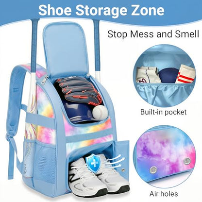 Youth Baseball Bag - Softball Bag for Girls & Boys with Shoes Compartment, Bat Backpack for Baseball, T-Ball & Softball Equipment - color: Tie-dye-Blue