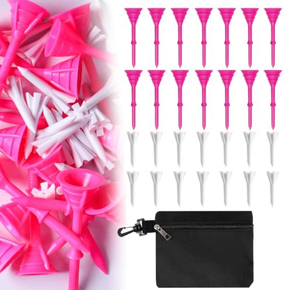 FINGER TEN Golf Tees Plastic Unbreakable 30 Tees 3 1/4 Inch and 20 More Short Tees 1 1/2 Inch with Black Golf Tee Bag, Easy to Find Value Gift Set - color: Pink