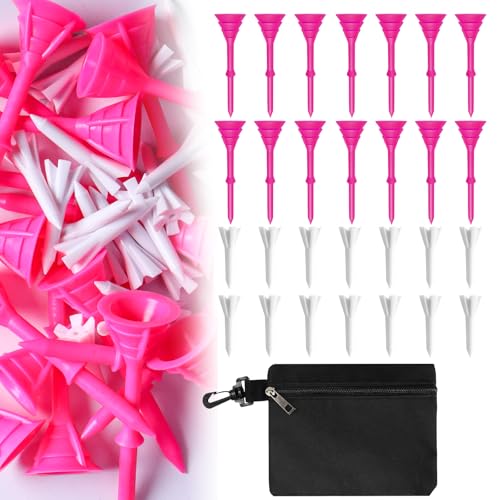 FINGER TEN Golf Tees Plastic Unbreakable 30 Tees 3 1/4 Inch and 20 More Short Tees 1 1/2 Inch with Black Golf Tee Bag, Easy to Find Value Gift Set - color: Pink