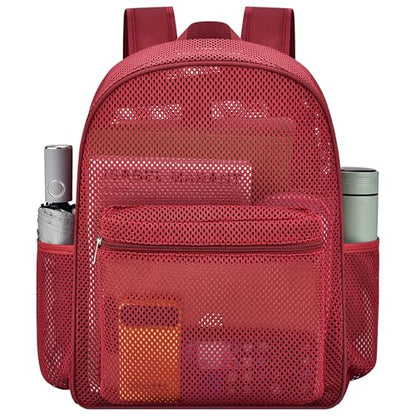 Oraben Heavy Duty Mesh Backpack with Rain Cover – Ventilated Swim & Gym Bag with 15.6” Laptop Sleeve, Large See Through Beach/School Backpack (Rose Red) - color: Rose Red