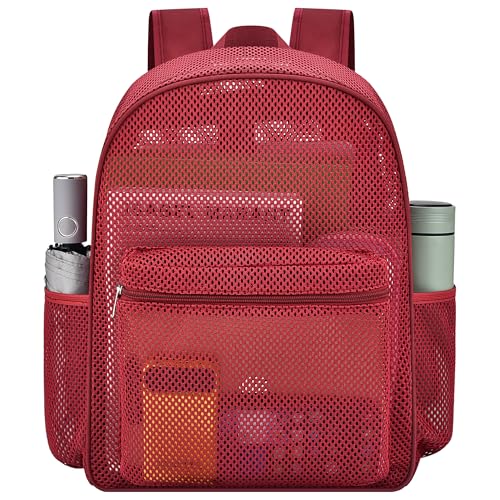 Oraben Heavy Duty Mesh Backpack with Rain Cover – Ventilated Swim & Gym Bag with 15.6” Laptop Sleeve, Large See Through Beach/School Backpack (Rose Red) - color: Rose Red