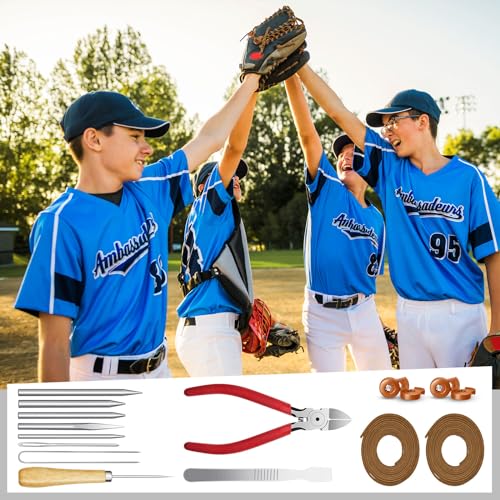Fabbay 16 Pcs Baseball Glove Lace Kit Glove Relacing Kit 2 Pcs 78.74 Inch Leather Laces 4 Pcs Glove Lace Locks 7 Pcs Lacing Needle Leather Cutter Scratch Awl Tool for Baseball Repair - color: Brown