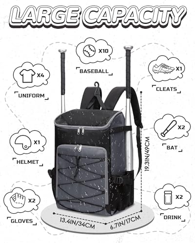 Baseball Softball Gear Bag for Boys Girls Ages 8-12 12-14 14-16 Large Kids Bat Bag Backpack with Ventilated Shoe Compartment Baseball Softball Stuff Supplies for Youth Adult