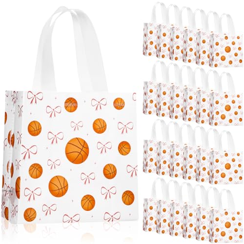Sweetude 24 Pcs Basketball Gift Bags Bulk with Handle Pink Bow Tote Non Woven Sport Party Favor Gift Bag 7.9 x 7.9 Inch Party Favor Treat Candy Bag Supply for Birthday Team Snack (Basketball Classic)