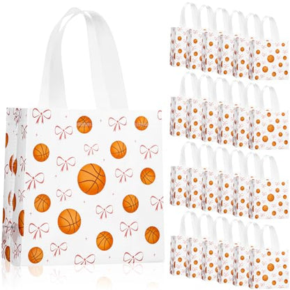 Sweetude 24 Pcs Basketball Gift Bags Bulk with Handle Pink Bow Tote Non Woven Sport Party Favor Gift Bag 7.9 x 7.9 Inch Party Favor Treat Candy Bag Supply for Birthday Team Snack (Basketball Classic)